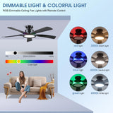 Ceiling Fans with Lights and Remote/APP Control, 52" Low Profile Flush Mount Ceiling Fan with RGB Ring Light & Dimmable, 5 Reversible Curved Blades 3 CCT 6 Speeds for Bedroom Living Room Party, Black Wiviniya