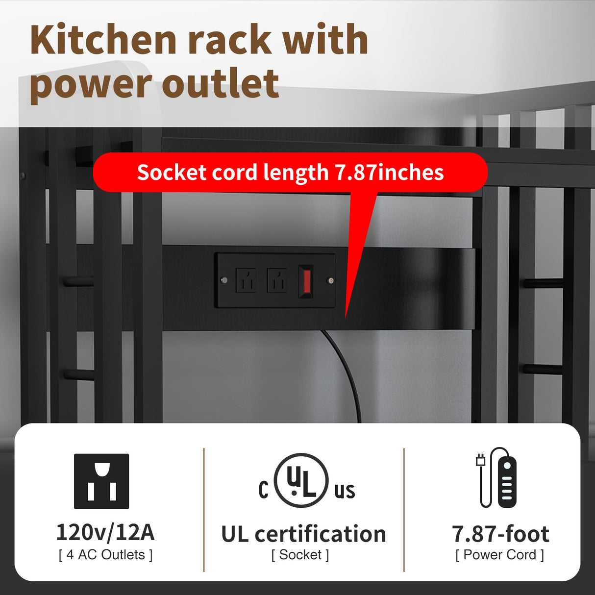 Bakers Rack with Power Outlet ，microwave stand 4-Tier Kitchen Baker's Rack, Free Standing Baker's Rack Kitchen Stands with Storage Suitable for Kitchen, Living Room, Dinning Room，Coffee Bar (Black) SIREDEEP