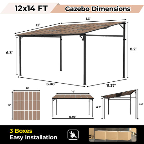 12’ x 14’ Gazebo, Outdoor Pergolas and Gazebos on Clearance, Hard Top Lean to Gazebo with Metal Frame, Pergola Wall Mounted Pergola with Sloped Roof for Patio, Decks, Backyard LuyFuitre