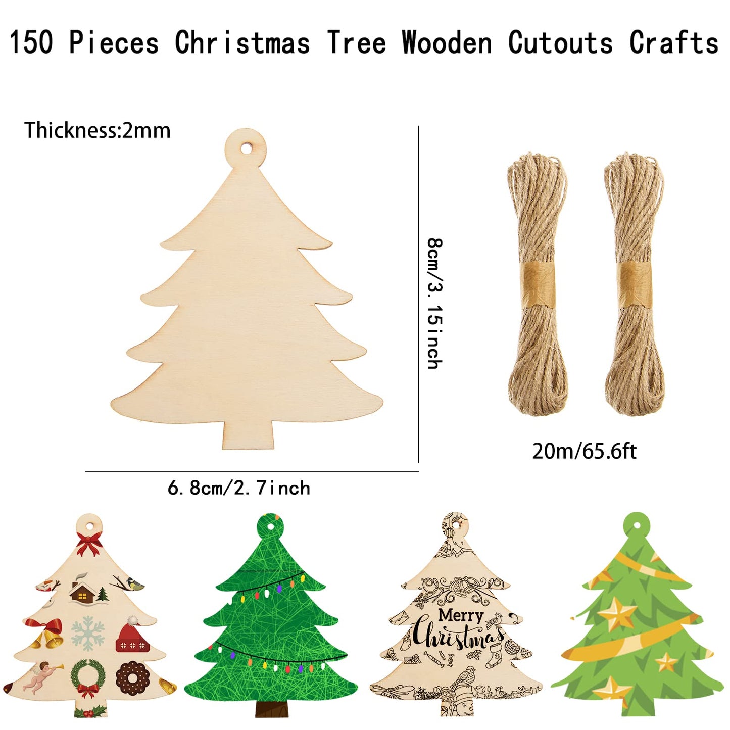 150 Pieces Wooden Christmas Tree Cutouts Crafts Embellishments Unfinished Christmas Tree Hanging Ornaments Blank Christmas Tree Wood Cutouts Slice with Ropes for DIY Crafts Christmas Xmas Decoration