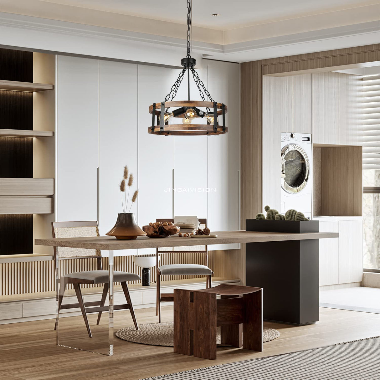 Voguad Farmhouse Rustic Wood Chandelier, 4-Light Industrial Drum Chandelier for Dining Room Vintage Pendant Hanging Light Fixture with Black Metal Accent for Kitchen Living Room Dining Area Voguad