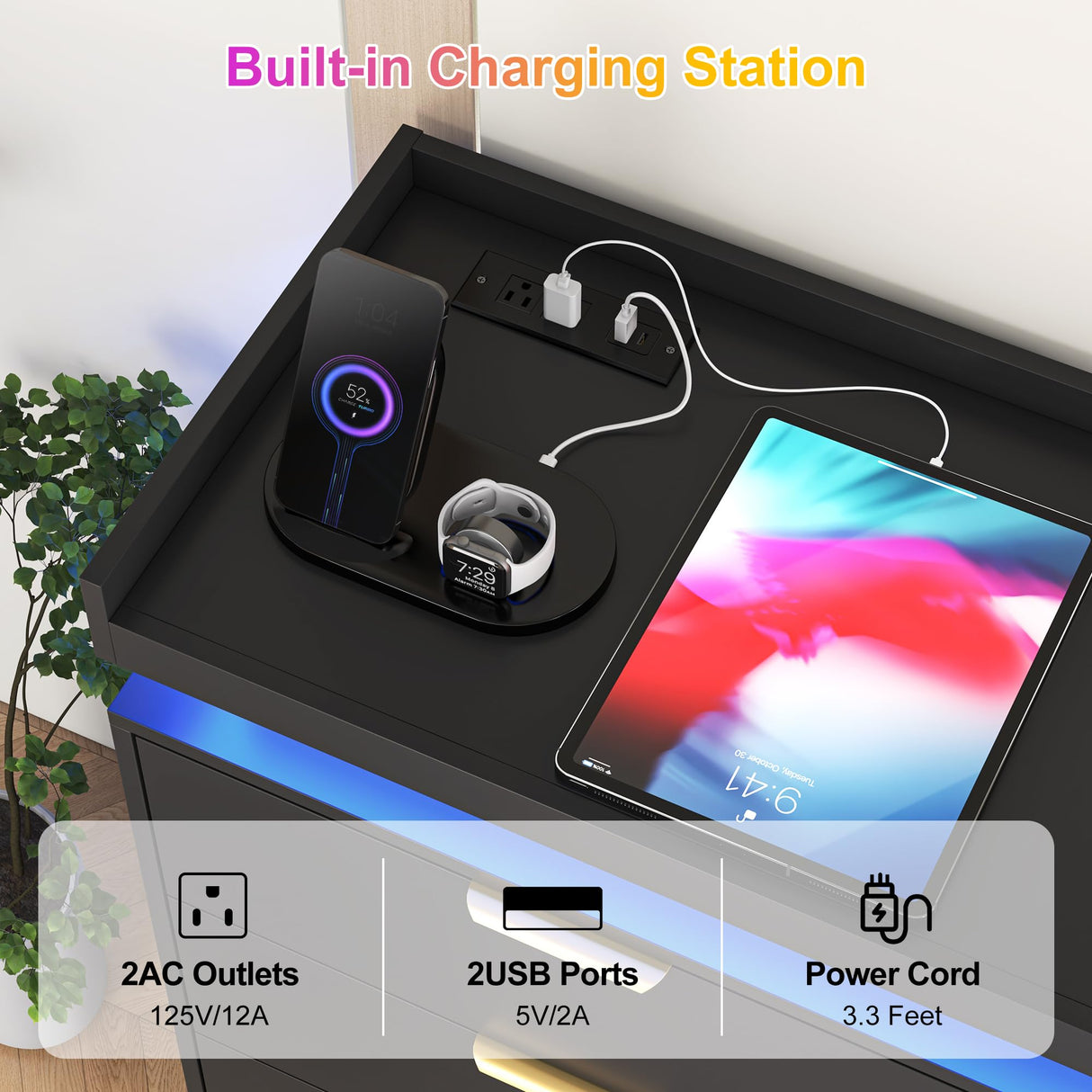 knoworld 6 Drawer Dresser for Bedroom, Black Dresser with LED Lights and Power Outlet, Wooden Dresser Modern Chest of Drawers, Tall Wide Drawer Dresser for Bedroom, Living Room, Entryway, Hallway knoworld