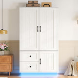 LIKIMIO Farmhouse Wardrobe Closet with Doors, 70" Bedroom Armoires with LED Lights and Hanging Rod, Wooden Large Wardrobe Cabinet with 2 Drawers and 1 Cabinet, Classic White LIKIMIO