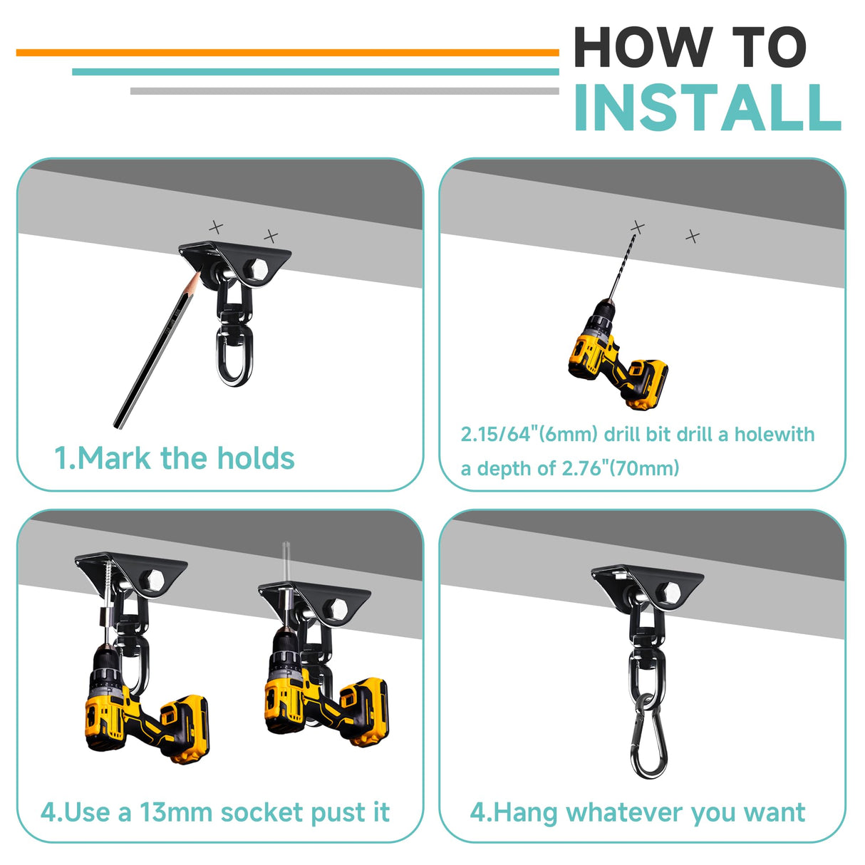 360°Rotating Hammock Hanging Kit, Heavy Duty 1200 lb Capacity Stainless Steel Hanging Swing Hooks, 1 Pack Swing Hanger for Yoga, Hammock Chair, Sandbag, Swing Sets(Black SKYPHAROS