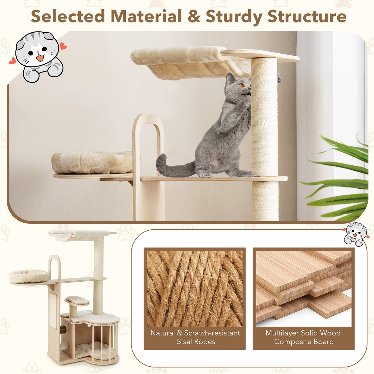 Tangkula Tall Cat Tree for Indoor Cats, 55 Inch Multi-Level Cat Tower Activity Center with Hammock, Cat Condo, Sisal Scratching Posts & Washable Cushions, Wooden Modern Cat Tree Houses for Large Cats Tangkula
