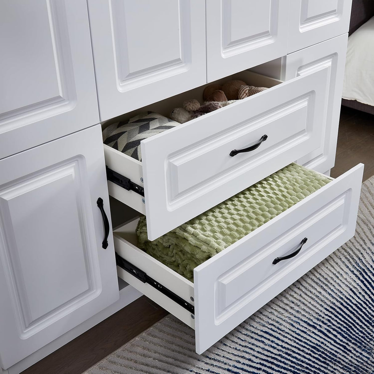 Keloyid Armoire Wardrobe Closet: White Wood Large Bedroom Armoires Wood Wardrobe Cabinet with 4 Door 2 Drawers Tall Closet with Shelves and 2 Hanging Rail Room Keloyid