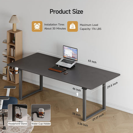 ONBRILL Standing Desk, 63x29.5 Inches Stand Up Desk with 4 Legs, Rectangle Desk with 2 Dual Motor & Memory Controller, Sit Stand Desk Adjustable Height from 28-46" for Computer Workstation, Black ONBRILL