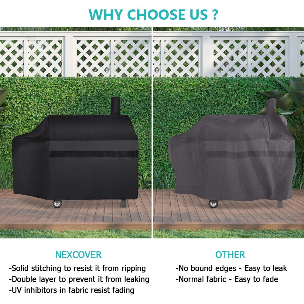 NEXCOVER Offset Smoker Cover - 60 Inch Waterproof Charcoal Grill Cover, Outdoor Heavy Duty BBQ Cover, Rip Resistant Smokestack Barbecue Cover for Brinkmann Char-Broil Weber Nexgrill, Black.