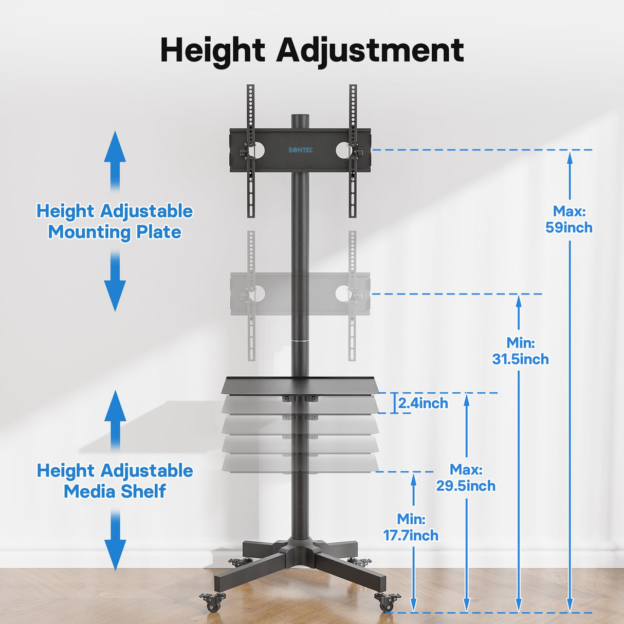 BONTEC Mobile TV Stand with Tilt, Rolling TV Stand Fits 23-60" LED, LCD, OLED, Flat Curved TVs Up to 88 lbs, Height Adjustable TV Cart with Laptop Shelf, Max VESA 400x400mm BONTEC