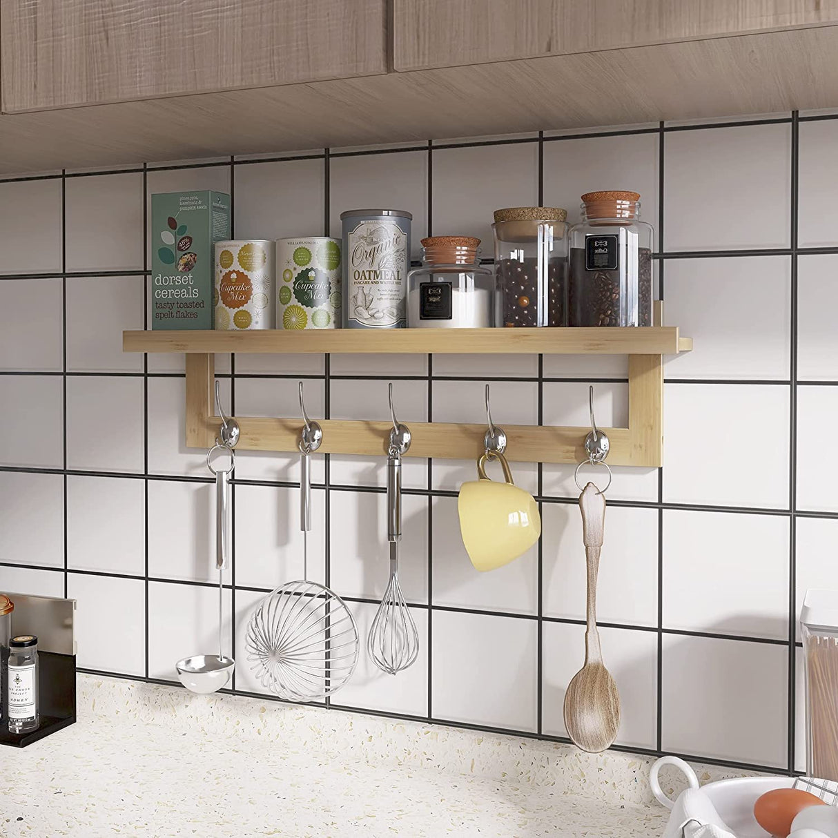 SMIBUY Coat Hooks with Shelf Wall-Mounted, 29.2 Inch Entryway Coat Rack for Wall, Bamboo Hanging Shelf with 5 Double Metal Hooks for Bathroom, Bedroom, Kitchen, Living Room, Mudroom (Natural) SMIBUY