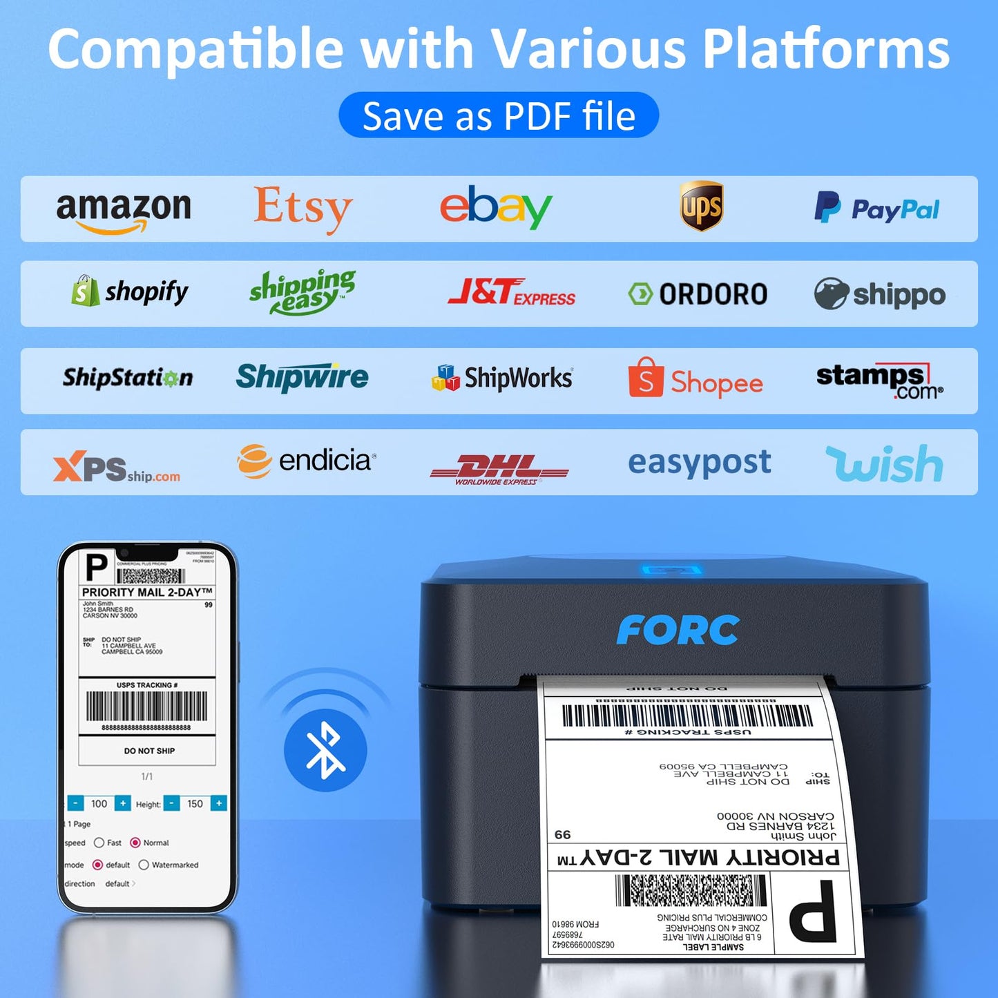 Forc Shipping Label Printer,Bluetooth Thermal Label Printer, 4x6 Label Printer for Small Business for Amazon,Ebay,Etsy,Shopify Shipping Packages,USPS,UPS,Support Windows, Mac, iOS, iPhone, Android