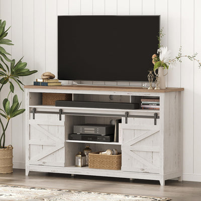 Lifewit Farmhouse TV Stand for up to 65" TV, 33.4" Tall Entertainment Center with Ajustable Shelves, Sliding Barn Door and Open Storage Spaces, TV Console for Living Room, Bedroom， Rustic White
