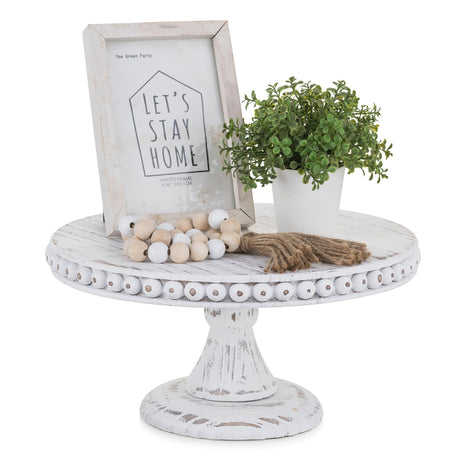 Hanobe White Wood Cake Stand: Cupcake Pedestal Stand 12 inch Dessert Display Riser Rustic Round Cakes Holder Tray Vintage Beads Wooden Plate for Wedding Birthday Decor Hanobe