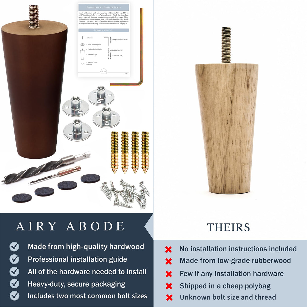 Brown Round Furniture Legs - Premium Mid Century Legs for Sofa, Chair, Table, Dresser, Bed, Cabinet, Ottoman - Our Wooden Legs Are Easy To Install & Include Installation Hardware - Set of 4, 10 Inches Airy Abode