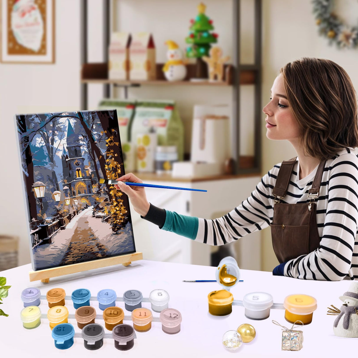 JOOZ Christmas Paint by Numbers Kit for Adults with Frame House Paint by Number with Easel Winter Scenes Paint by Number with Frame DIY Landscape Oil Painting Kits for Gift Home Wall Decor 8x12 Inch JOOZ