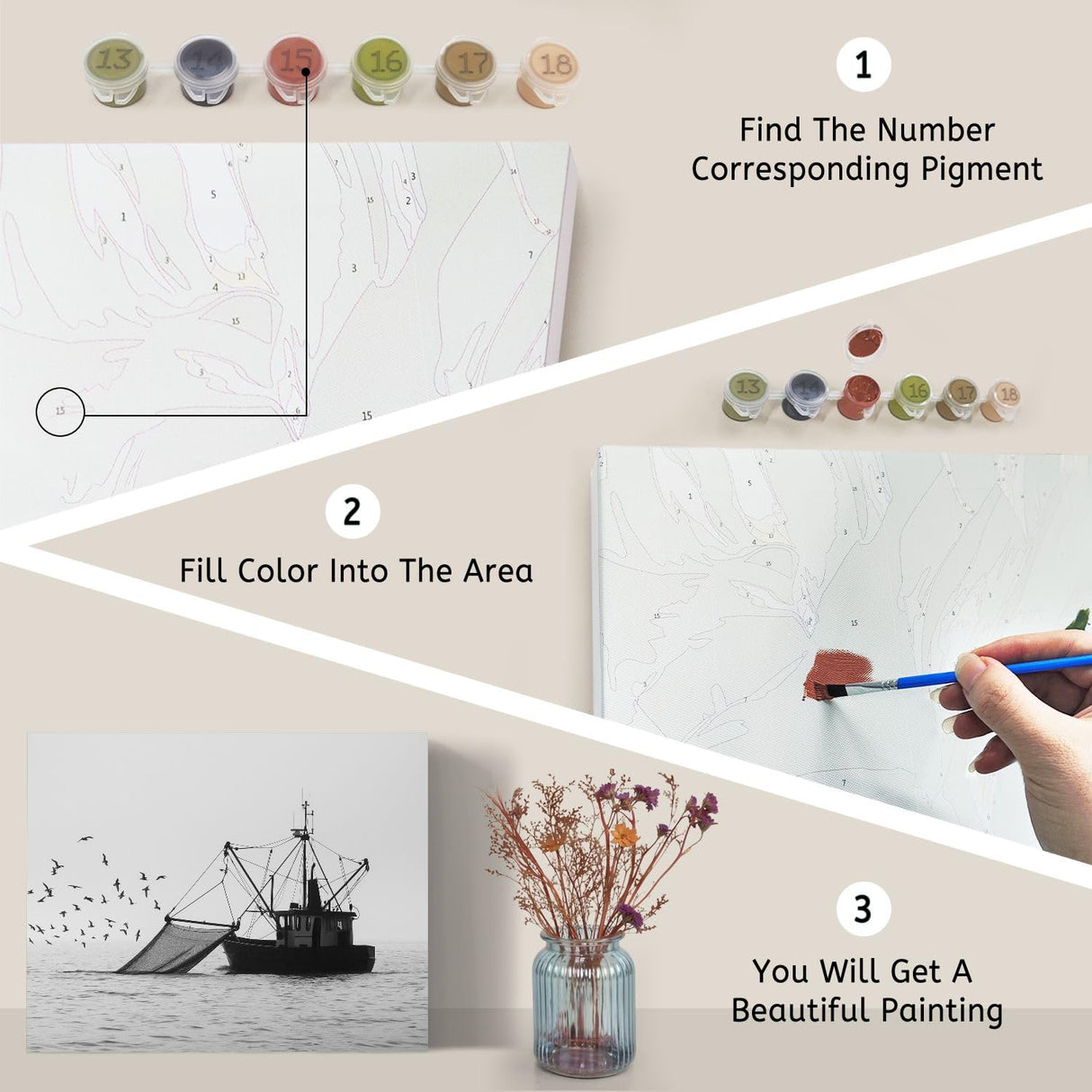 VETEB Paint by Numbers Kit for Adults Beginner Silhouette Shrimp Fishing Boats seas Pictures DIY Framed Painting on Canvas by Numbers Acrylic Oil Painting Home Decor Gifts 16"x20" VETEB