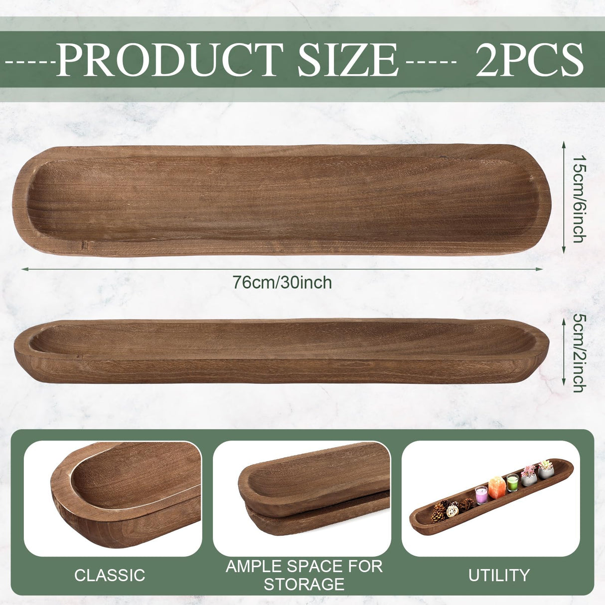 Nuogo 2 Pack 30 Inch Large Wooden Decorative Dough Bowls Rustic Paulownia Long Hand Carved Wood Bowl Dining Room for DIY Home Crafts Making Farmhouse Fruits Supplies Decoration Nuogo