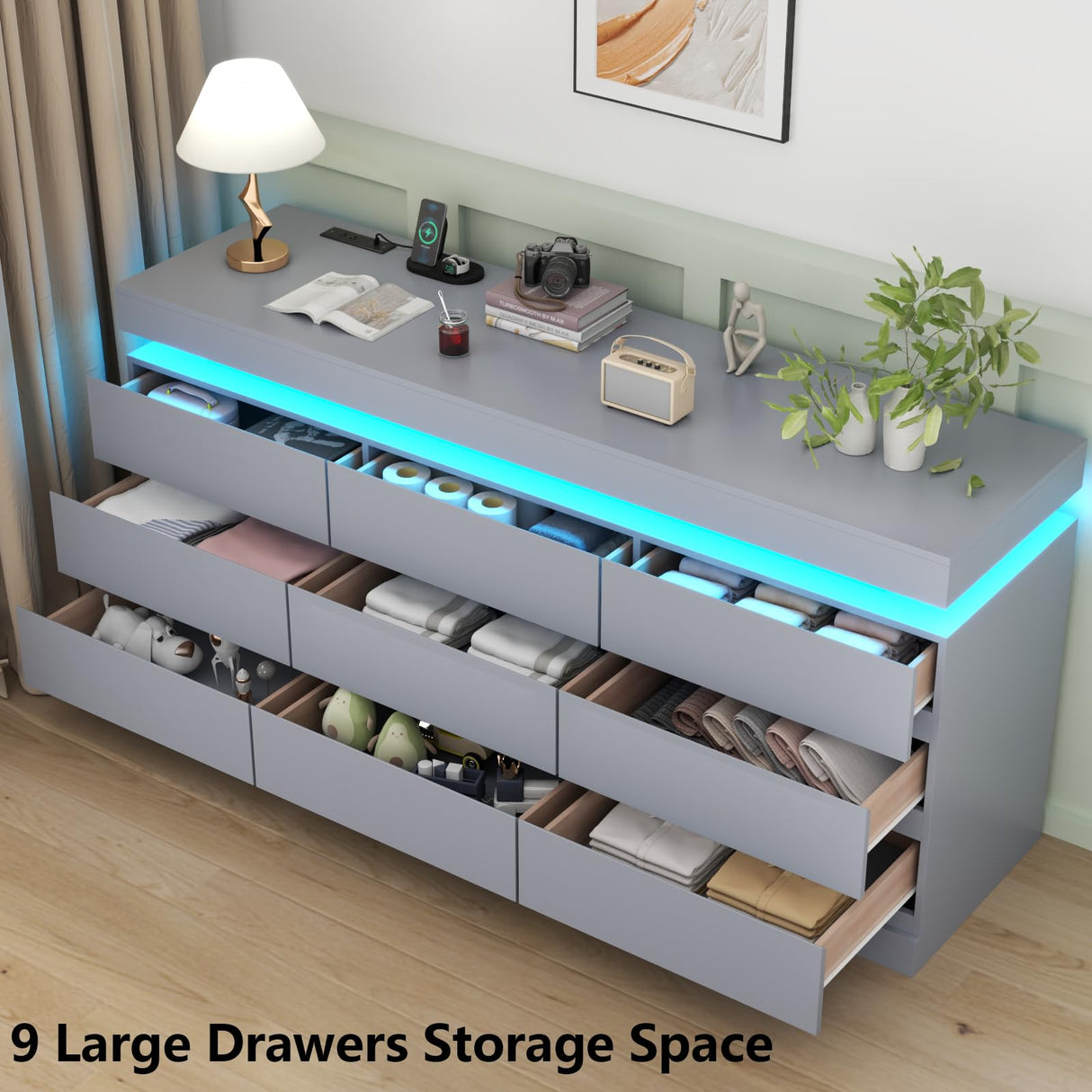 Gyfimoie 9 Drawer Dresser with Power Outlet, Dresser with LED Light, Modern Chest of Drawers for Closet, Double Wide Drawer Organizer Cabinet for Bedroom, Living Room (Grey, 9 Drawers) Gyfimoie