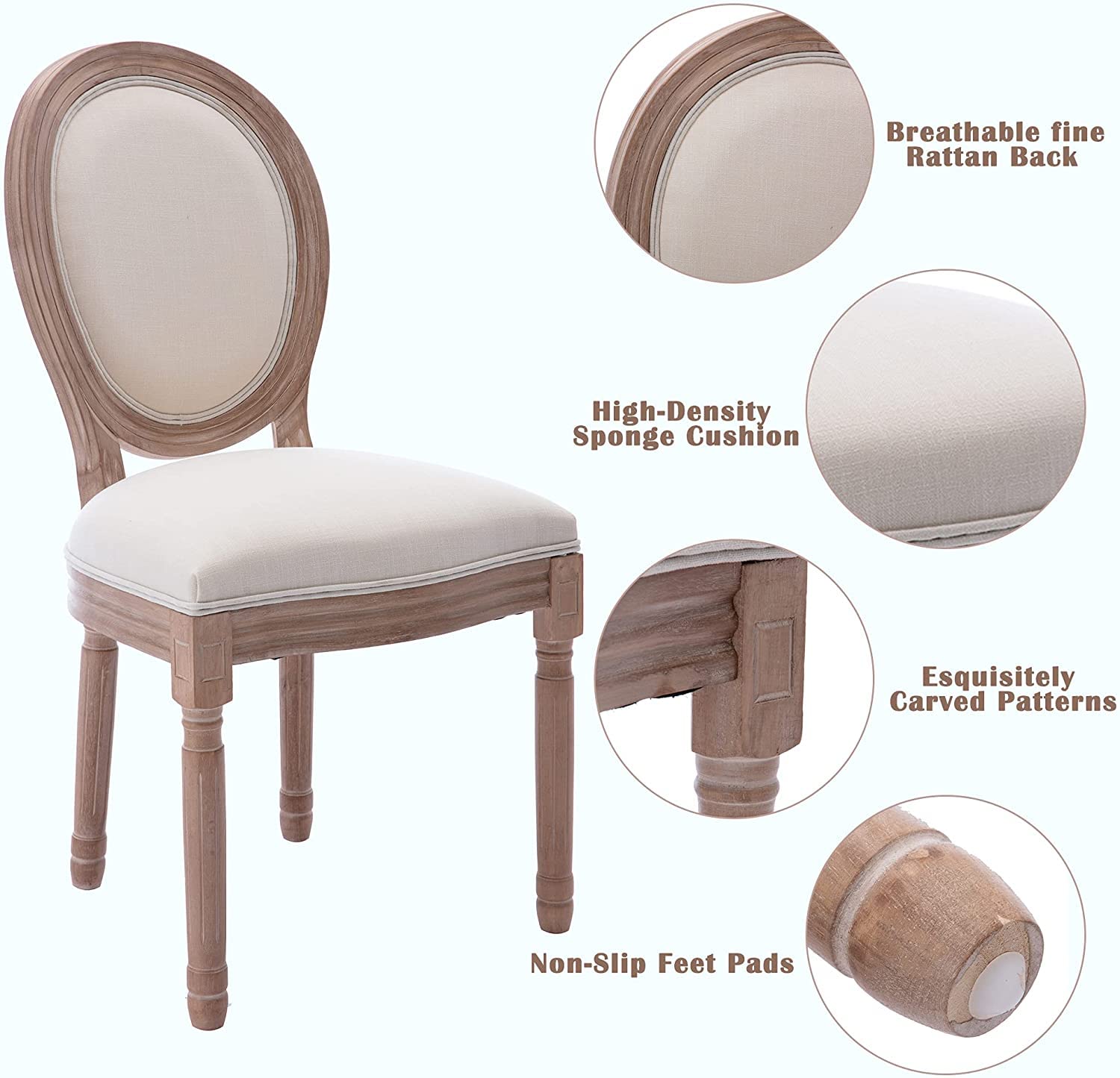 Nrizc French Dining Chairs Set of 6, French Country, Vintage Farmhouse Dining Chairs with Round Back, Solid Wood Beige Fabric Dining Room Chairs, for Kitchen, Bedroom - WoodArtSupply