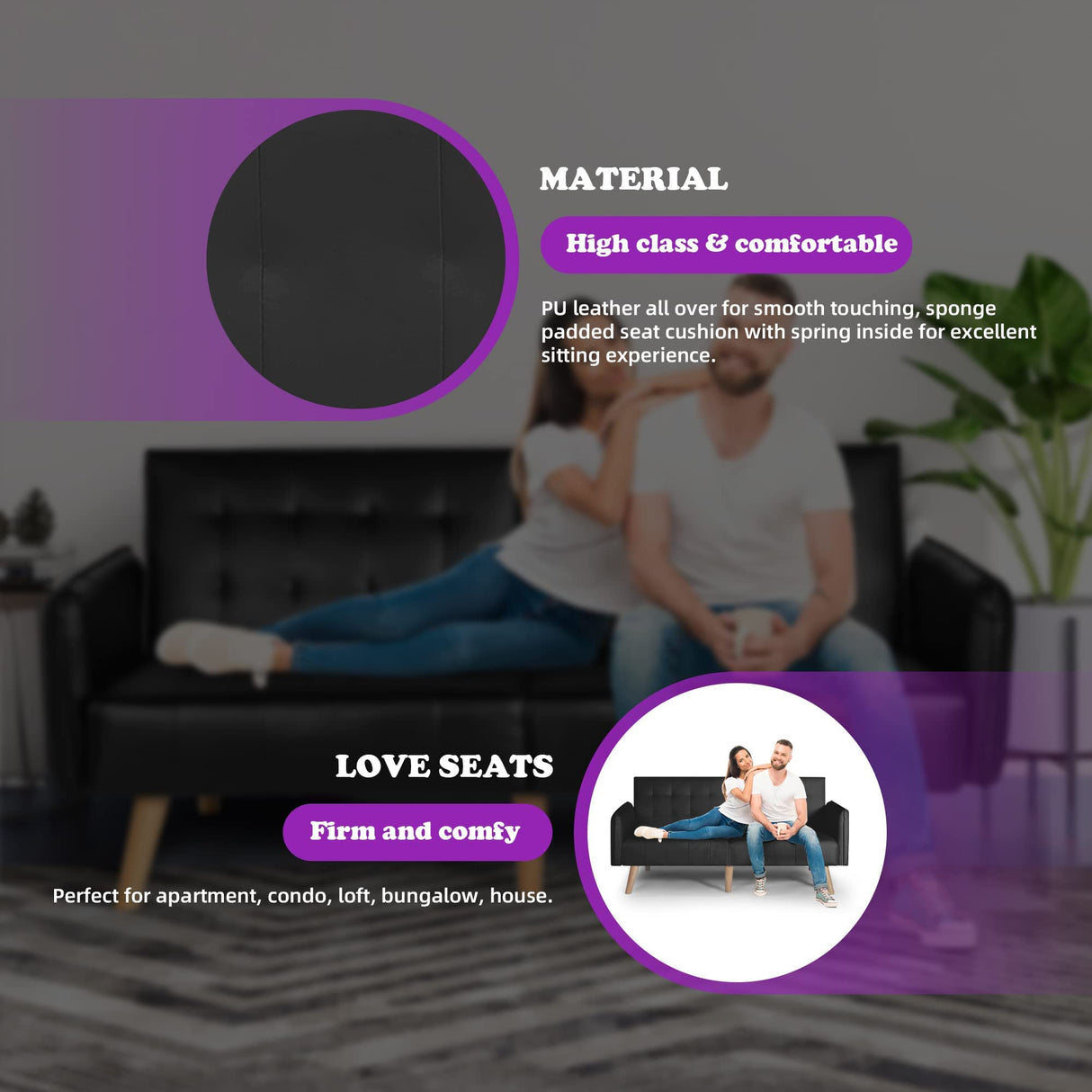 TYBOATLE Faux Leather Convertible 65'' Folding Futon Sofa Bed w/ 2 USB, Loveseat for Small Space, Apartment, Dorm, Living Room, Office, Black TYBOATLE