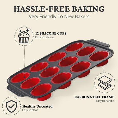 BRONYPRO Silicone Muffin Pan with Metal Frame, Egg Bite Molds for Baking, Cupcake Pans 12 Regular Size, Muffin Tins Easy to Pop Nonstick Non Toxic Bakeware for Oven, Red