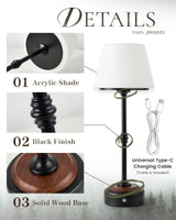 HANASS Cordless LED Table Lamp, Black Desk Lamp with Solid Wood Base, Patio Table Lamp Built-in Rechargeable Battery, 3-Level Brightness Dimmable,Wireless Bedside Night Lamp MT2315 HANASS