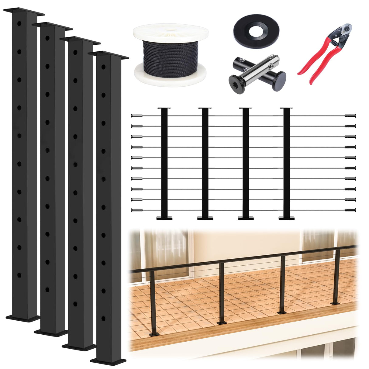 Muzata 15-20ft Complete Set 36" Cable Railing Post Kit Include 4Pack Black Posts PS02, 250ft Wire Rope, Swageless Cable Railing System DIY Kit (No Handrail) RWS2 BH4S Muzata