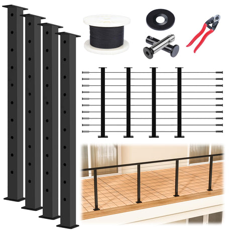 Muzata 15-20ft Complete Set 36" Cable Railing Post Kit Include 4Pack Black Posts PS02, 250ft Wire Rope, Swageless Cable Railing System DIY Kit (No Handrail) RWS2 BH4S Muzata