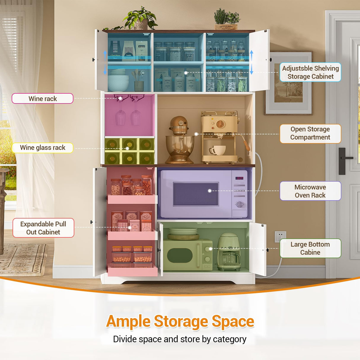Hasuit 71.3" Pantry Cabinet with Charging Station, Tall Farmhouse Kitchen Hutch with Microwave Stand, Coffee Bar Hutch with Removable Wine Rack for Living Room, Dining Room, White Hasuit