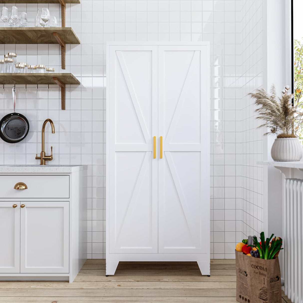 COFaR 5 Tier Metal Farmhouse Storage Cabinet with 2 Barn Door, 4 Adjustable Shelves and Legs, for Kitchen, Dining Room, Bathroom, Living Room, Office COFaR