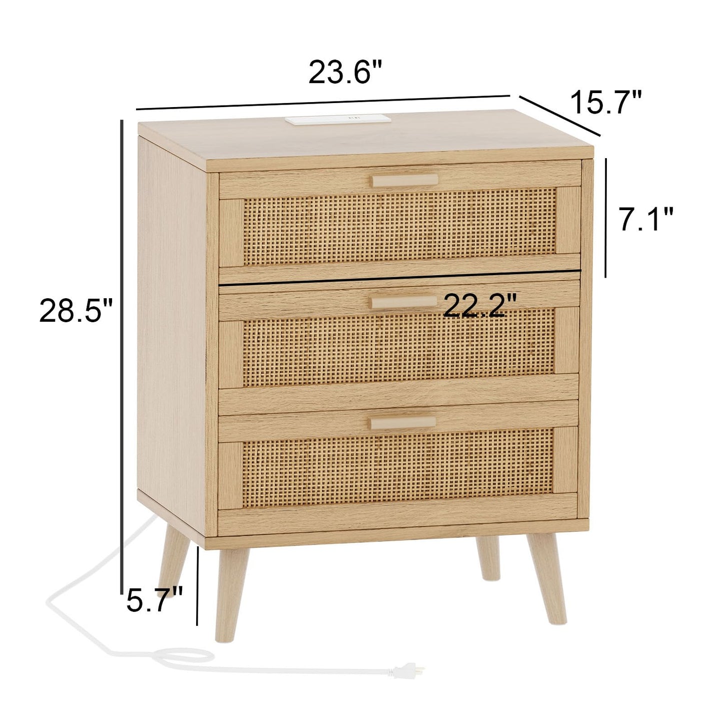 Rovaurx Rattan Nightstand with Charging Station, Night Stand with 3 Drawers, 28.5 Inch Bedside End Table for Bedroom, Side Table with USB Ports and Outlets, Boho Style, Natural RCTG110ME - WoodArtSupply