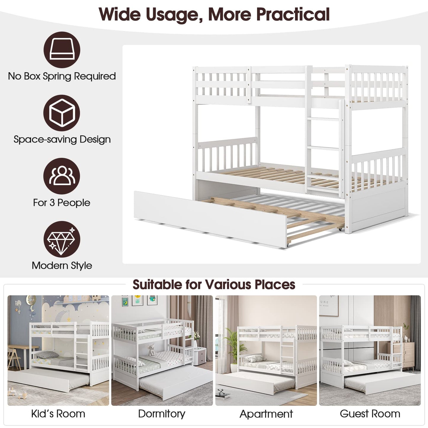 Giantex Twin Over Twin Bunk Bed with Trundle, Convertible Platform Bed Frame with Ladder & Solid Wood Frame, Space-Saving Bunk Bed for Teens & Adults, No Box Spring Needed, White