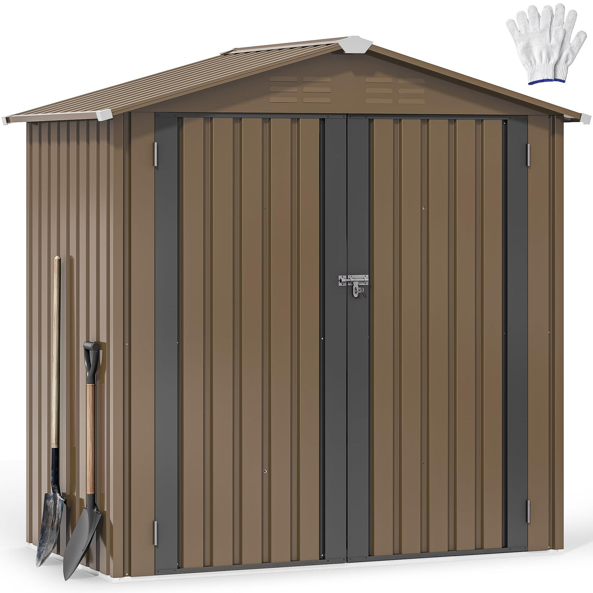DWVO 6x4ft Metal Outdoor Storage Shed, Waterproof Tool Shed Heavy-Duty Storage Unit with Lockable Door and Vents, Ideal for Bicycles, Tools, Lawnmowers, Backyards, Patios, Lawns - Brown DWVO