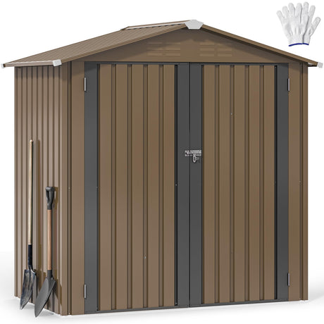 DWVO 6x4ft Metal Outdoor Storage Shed, Waterproof Tool Shed Heavy-Duty Storage Unit with Lockable Door and Vents, Ideal for Bicycles, Tools, Lawnmowers, Backyards, Patios, Lawns - Brown DWVO