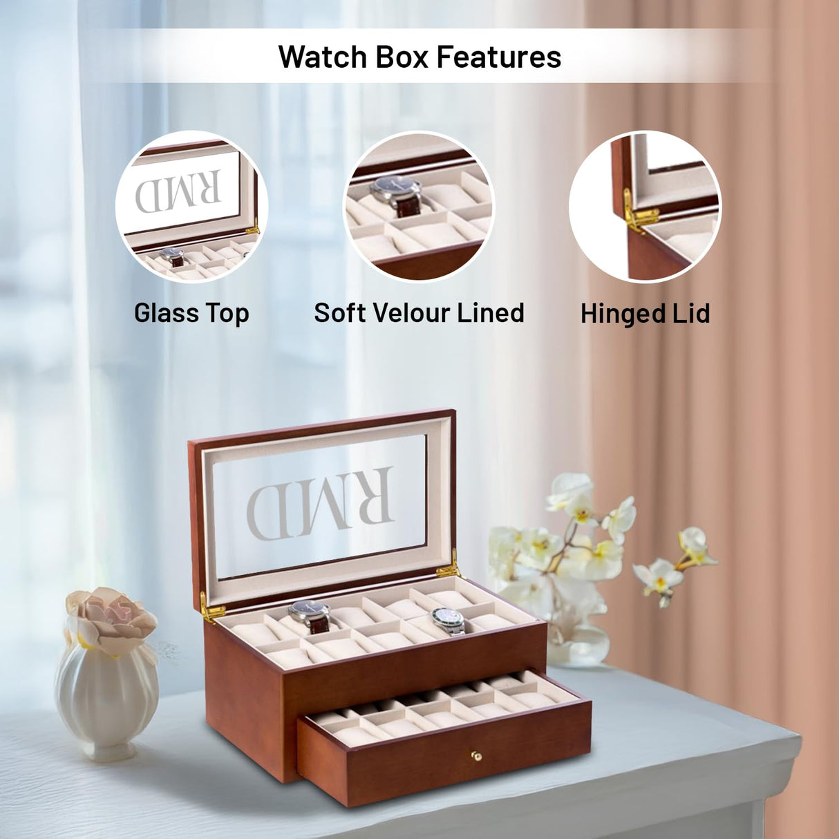 Bey-Berk Bosh Personalized Cherry Custom Wood Watch Box – 20-Slot Organizer with Glass Top, Drawer & Lining Bey-Berk