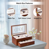 Bey-Berk Bosh Personalized Cherry Custom Wood Watch Box – 20-Slot Organizer with Glass Top, Drawer & Lining Bey-Berk