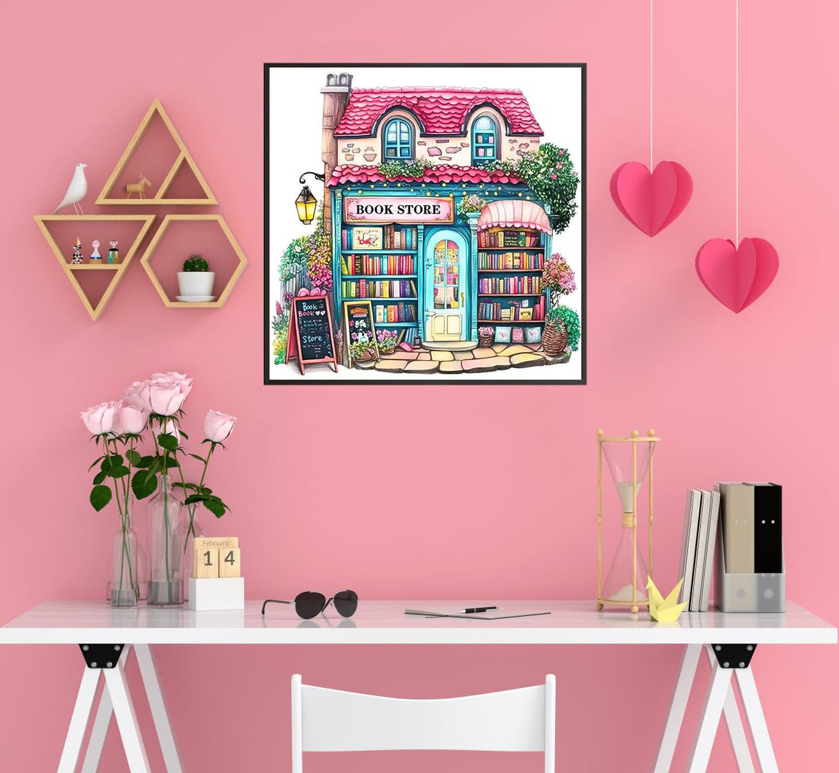 Pink Bookstore Diamond Painting Kits for Adults, 5D Diamond Art Painting by Numbers Kits, DIY Diamond Dots Art Kits, Full Round Drill Diamond Paintings for Adults for Home Wall Decor, 13.8x13.8 in GUMITOON