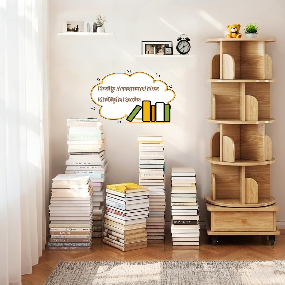 Merax 5 Tier Rotating Bookshelf, 360°Display Round Spinning Bookcase with Wheels, Small Space Book Case Tower for Bedroom Living Room Home Office,Wood Color Merax