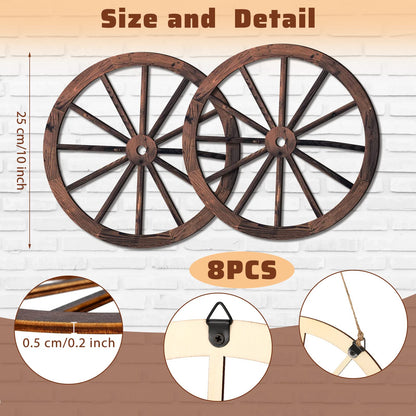 8 Pieces Wooden Wagon Wheel Wall Decor 10 Inches Old Western Wood Wall Art Farmhouse, Rustic Yard Decor Wood Hanging Decorative Wheels for Garden Home Bar Garage