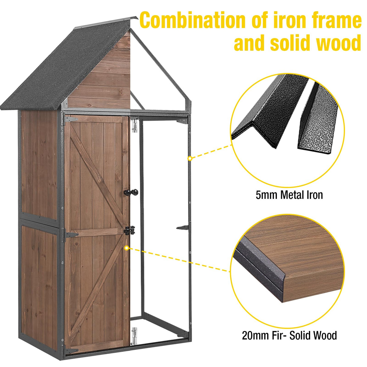 Outdoor Storage Shed,Vertical Wooden Tool Shed with Waterproof Roof,Adjustable 3 Tiers Shelves,Storage Tool Cabinet Box with Metal Frame Sloped Roof for Backyard Garden Patio Lawn (Dark Brown) Aivituvin