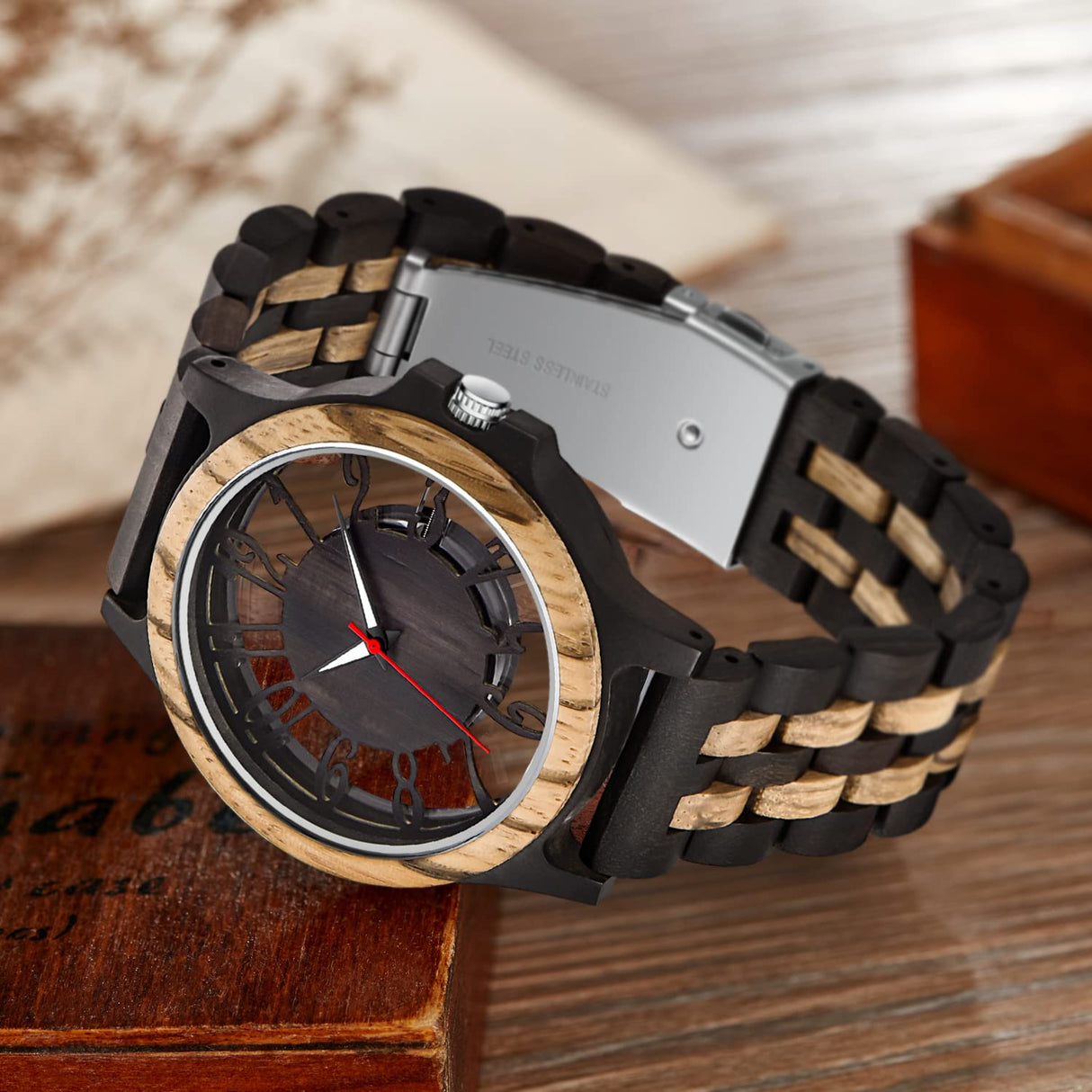 Realpo Men's Transparent Cover Black Dial Wood Watch, Hollow Arabic Digital Dial Quartz Wooden Men's Watch, Natural Wooden Watch Band Men's Watch - Black Realpoo
