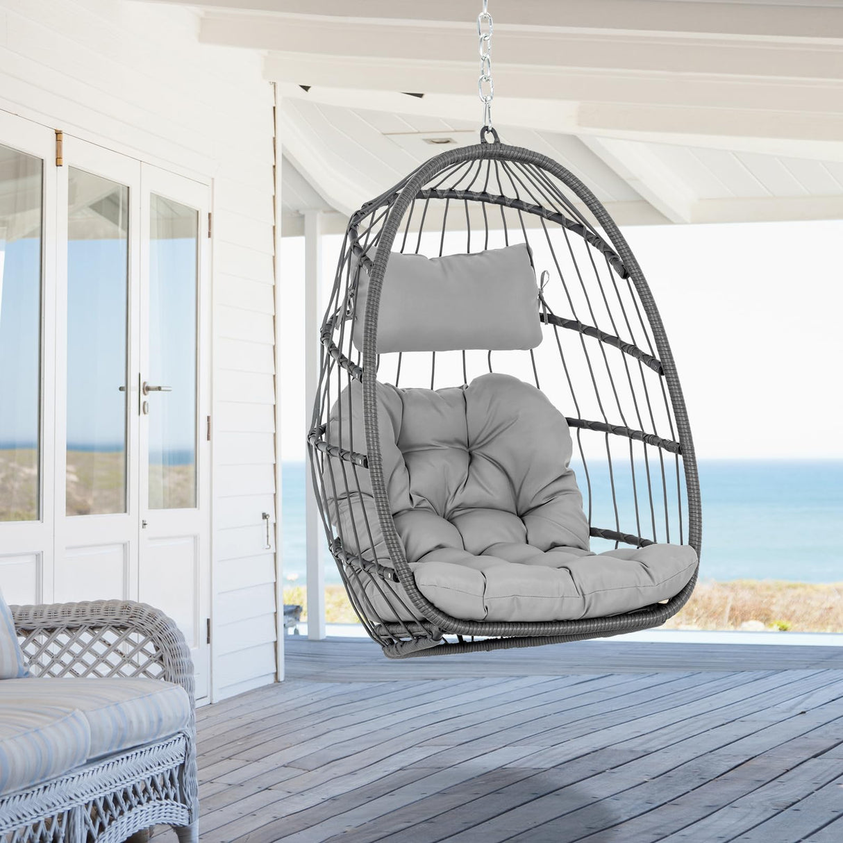 Hanging Egg Chair Without Stand - Foldable Indoor Outdoor Wicker Rattan Swing Egg Chair with Hanging Chain Hammock Chair - UV Resistant Cushions & Aluminum Frame for Bedroom Patio Camping (Grey) XIAO WEI