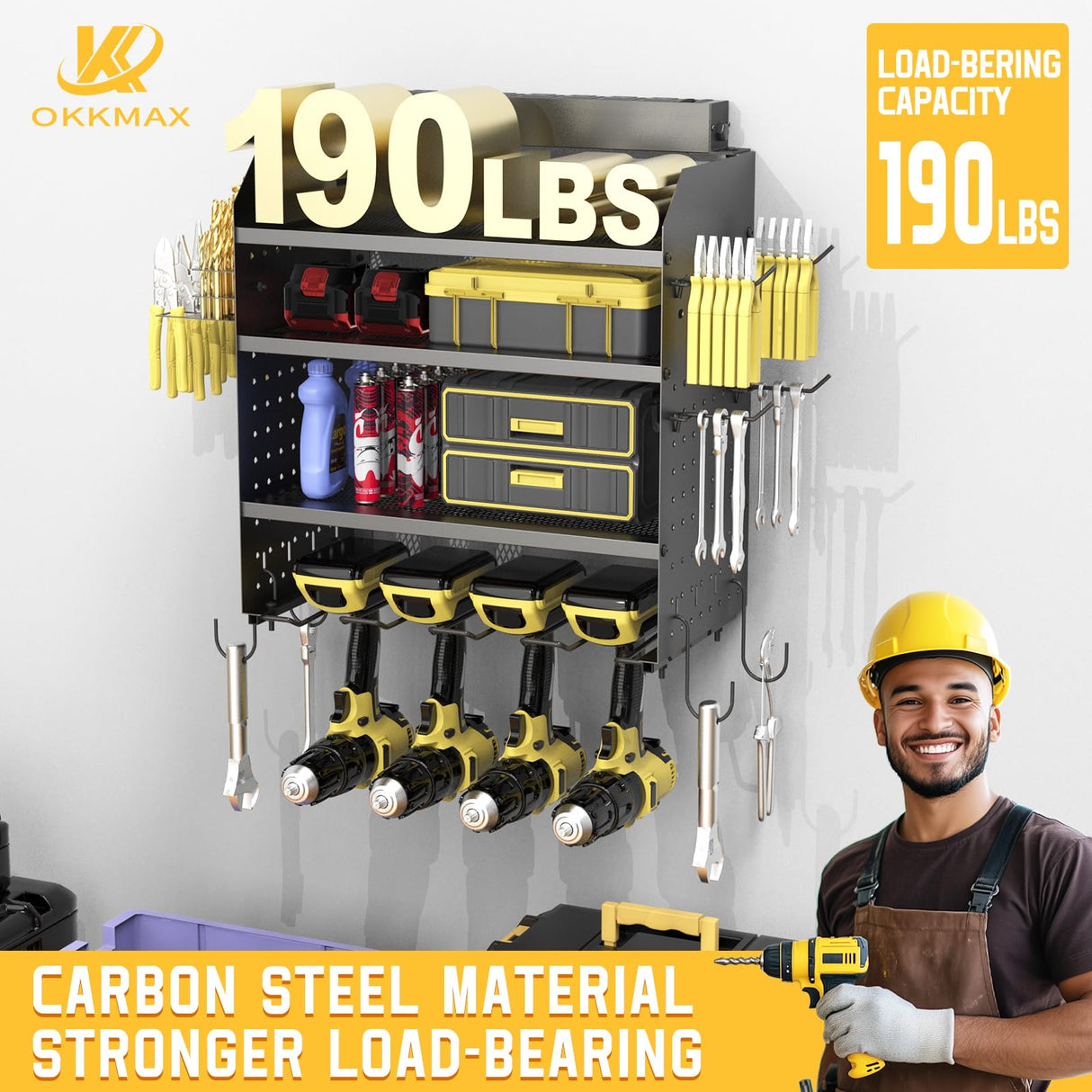 Drill Holder Wall Mount with 8-Outlet Charging Station, 190lbs Load 4 Layers Carbon Steel Heavy Duty Power Tool Organizer Wall Mount for Garage & Workshop, 4 Drill Holders, Modular Pegboard Rack OKKMAX