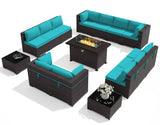 ASJMR Outdoor Patio Furniture Set with Gas Fire Pit Table, 15 Pieces Outdoor Furniture Set Patio Sectional Sofa w/43in Propane Fire Pit, PE Wicker Rattan Patio Conversation Sets (Teal) ASJMR
