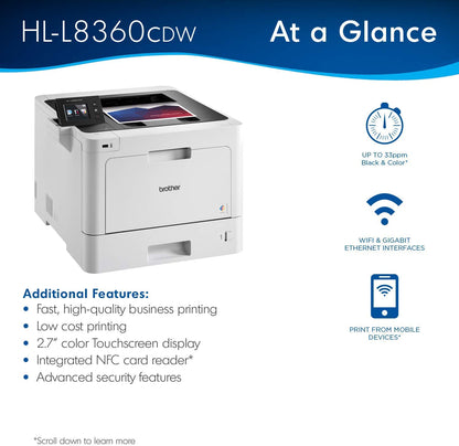 Brother Business Color Laser Printer, HL-L8360CDW, Wireless Networking, Automatic Duplex Printing, Mobile Printing, Cloud Printing, Amazon Dash Replenishment Ready,White