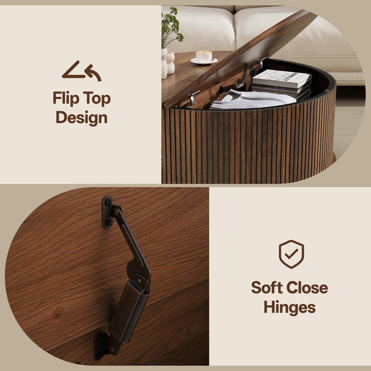 Onogefel Round Coffee Table with Storage, Mid Century Modern Coffee Table, Fluted Dining Table with Sliding Door, Circle Coffee Table for Living Room Home Office, 31.5", Walnut Onogefel
