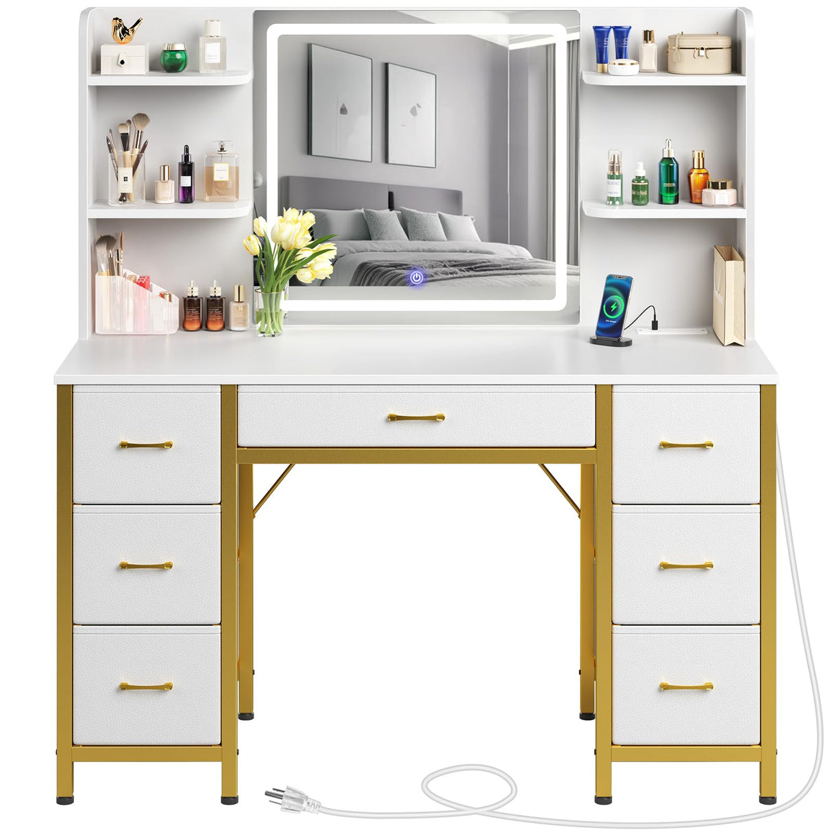 Rolanstar Vanity Desk with Lighted Mirror & Power Outlet, Makeup Vanity with 7 Fabric Drawers, 6 Storage Shelves & 3 Lighting Modes, Dressing Table for Bedroom, Girls, Women, White and Gold Rolanstar