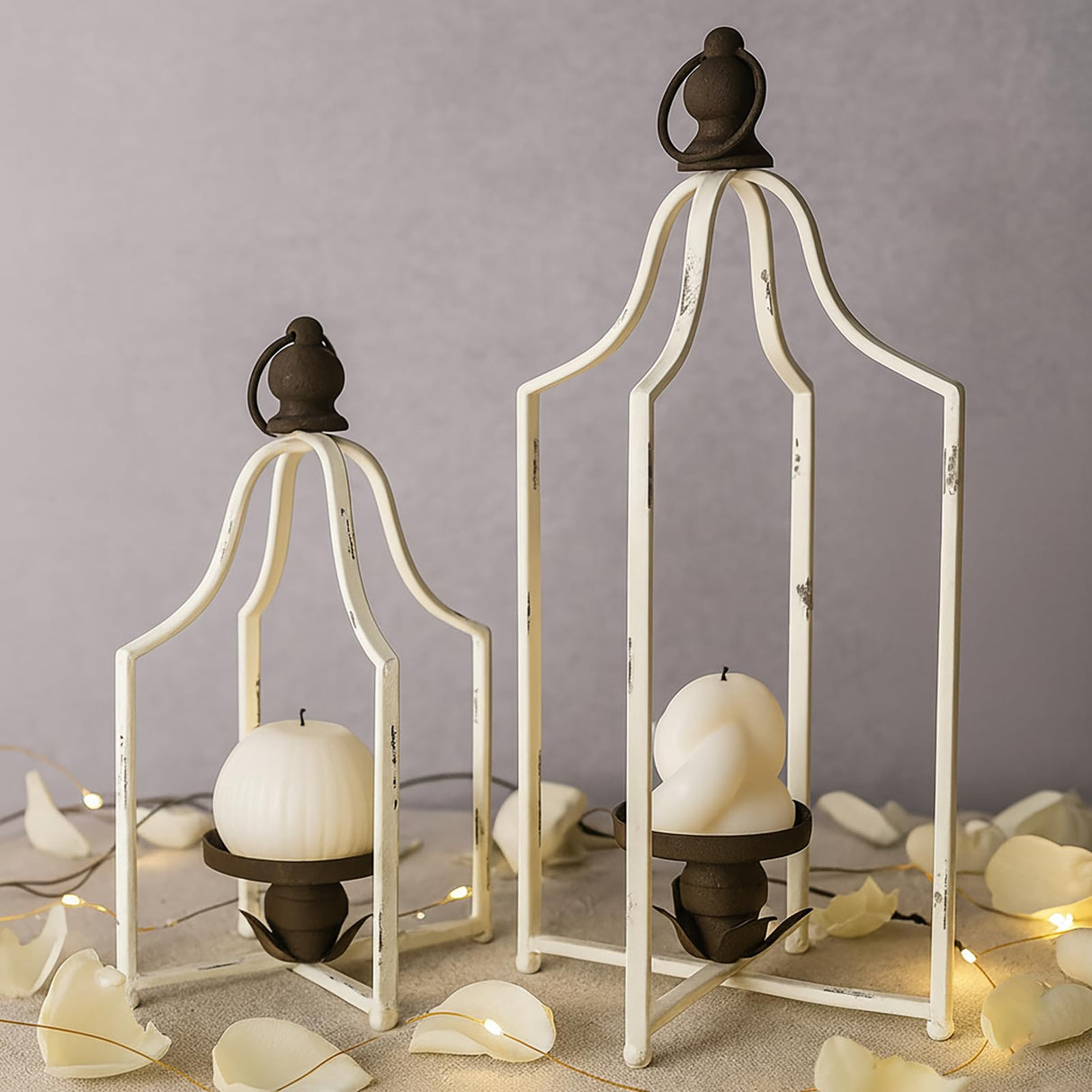 12.5" & 16.5" Timeless Cozy Decorative Lanterns Set of 2, Handcrafted Metal Iron Candle Holders, Farmhouse Elegance Fireplace Mantel Table Festive Gatherings Decor Fenisam