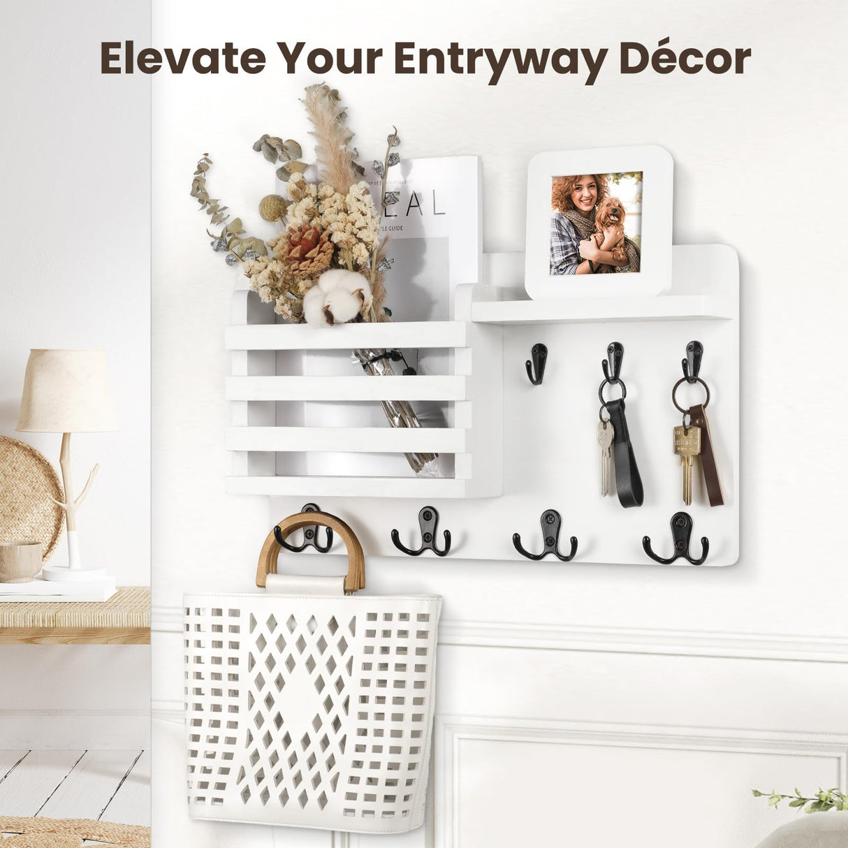 Nekon Mail Holder for Wall Mail Organizer with Key Hooks Hallway Farmhouse Decor Letter Sorter Made of Natural Wood with Floating Shelf and Flush Mount Hardware (16.8Inch x 10Inch x 3.2Inch) Nekon