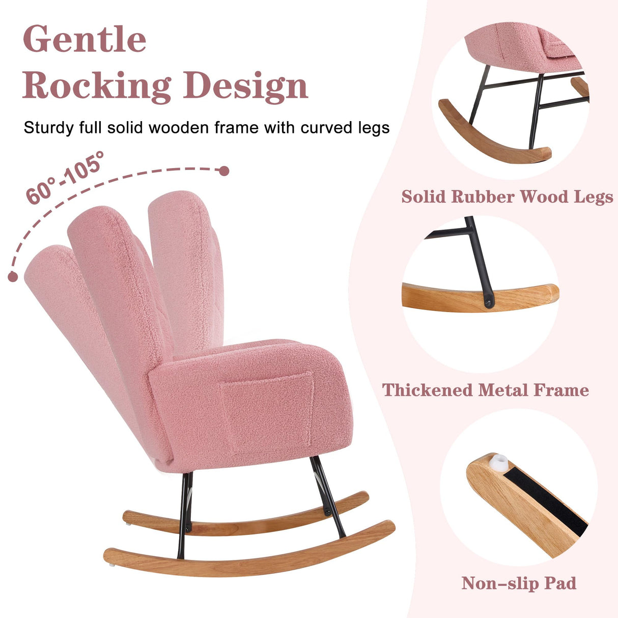 VECELO Rocking Chair Nursery with Thick Headrest, Modern Teddy Upholstered Reading Glider Rocker Accent Armchair with High Backrest, Padded Seat, Side Pocket, for LivingRoom, Baby Room, Soft Pink VECELO